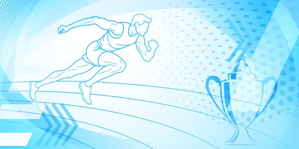 跑步者主题背景为浅蓝色 带有抽象的曲线和圆点 具有运动符号 如男性运动员 跑道和杯子 免版税图库插图