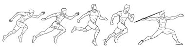 Bir grup sporcu ve cirit atıcısı, ana hatlarıyla çizilmiş, beyaz arka planda siyah