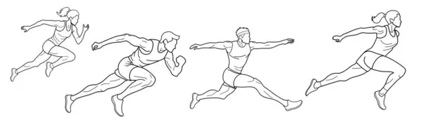 Zestaw Sportowców Biegaczy Skoczków Narysowany Zarysie Czarny Białym Tle Ilustracja Stockowa