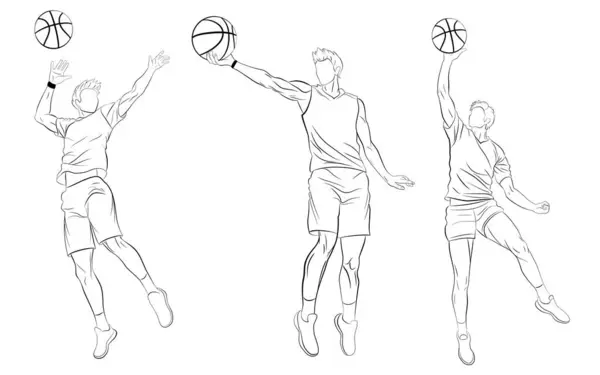 ボールをジャンプして投げるバスケットボール選手のセット アウトラインに描かれた 白い背景に黒 ロイヤリティフリーのストックイラスト