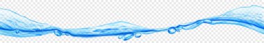 Hava kabarcıkları ile uzun şeffaf su dalgası, açık mavi renkler ve şeffaf arka planda, kusursuz yatay yineleme. Sadece vektör dosyasında şeffaflık
