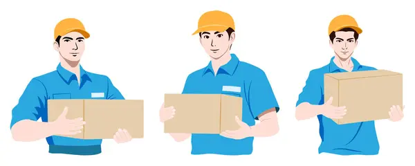 Set Male Couriers Blue Shirts Orange Caps Holding Cardboard Boxes Royaltyfria Stockvektorer