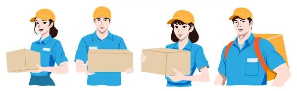 Set Couriers Men Women Wearing Blue Shirts Orange Caps Holding Vectores de stock libres de derechos