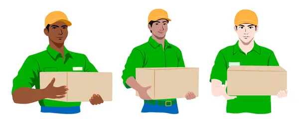 Set Male Couriers Wearing Green Shirts Yellow Caps Holding Cardboard Ilustración de stock