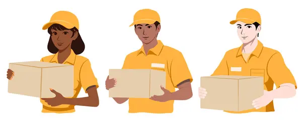 Set Couriers Men Women Wearing Yellow Shirts Caps Holding Cardboard Vector de stock