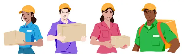 Set Couriers Men Women Wearing Colored Shirts Orange Caps Holding Vectores de stock libres de derechos