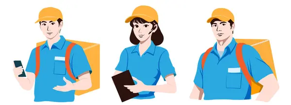 Set Couriers Call Center Operators Men Women Wearing Blue Shirts Vector Graphics