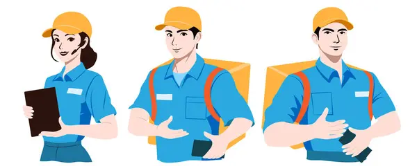 Set Couriers Call Center Operators Men Women Wearing Blue Shirts Royalty Free Stock Vectors