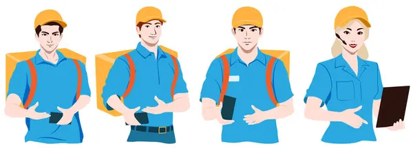 Set Couriers Call Center Operators Men Women Wearing Blue Shirts Royalty Free Stock Illustrations