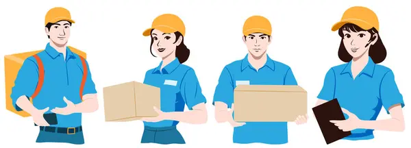 Set Couriers Call Center Operators Men Women Wearing Blue Shirts Stock Illustration
