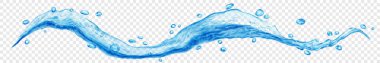 Açık mavi renkli, şeffaf kıvrımlı uzun su dalgası, şeffaf arkaplanda izole edilmiş küçük damlalar. Sadece vektör dosyasında şeffaflık