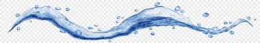 Mavi renkli, şeffaf kıvrımlı, küçük damlaları olan, şeffaf arkaplanda yalıtılmış uzun bir su dalgası. Sadece vektör dosyasında şeffaflık