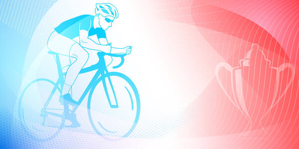 Велоспорт тематический фон в цветах национального флага Франции, со спортивными символами, такими как спортсмен велосипедист и кубок, а также абстрактные кривые и точки