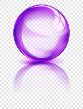 Large translucent sphere in purple colors with reflection, glares and shadow on transparent background. Vector illustration for design projects and creative works