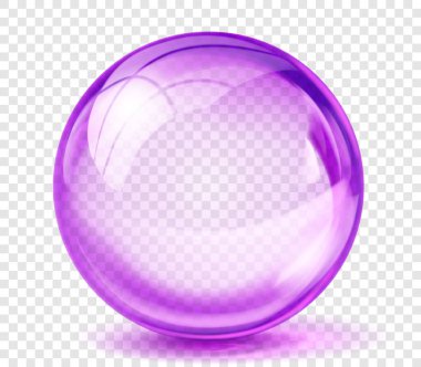 Büyük, şeffaf, parlak, mor renkli, şeffaf arkaplanda gölgesi olan bir küre. Tasarım projeleri ve yaratıcı çalışmalar için vektör illüstrasyonu