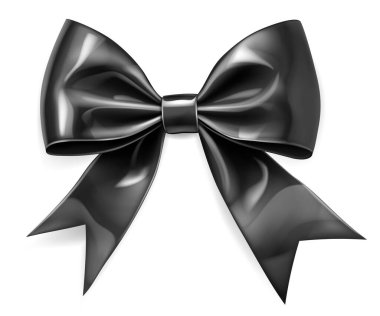 Beyaz arka planda yumuşak gölgesi olan siyah kurdeleden yapılmış güzel, parlak bir fiyonk.