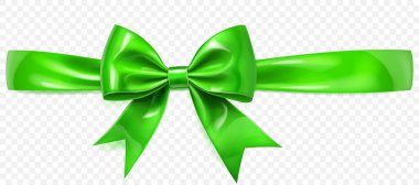 Yatay kurdeleli güzel yeşil parlak bir fiyonk ve şeffaf arkaplanda yumuşak bir gölge. Tasarım projeleri ve yaratıcı çalışmalar için vektör illüstrasyonu.