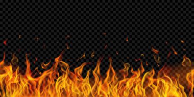 Şeffaf turuncu yangın alevleri ve şeffaf arka planda kıvılcımlar. Karanlık illüstrasyonlarda kullanılmak üzere. Sadece vektör biçiminde şeffaflık