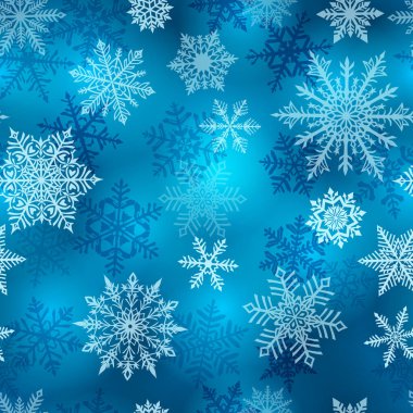 Mavi arka planda güzel beyaz kar tanelerinin kusursuz Noel deseni. Yağan karlı kış illüstrasyonu.