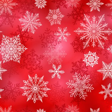 Kırmızı zemin üzerinde beyaz kar taneleri olan kusursuz bir Noel deseni. Yağan karlı kış illüstrasyonu.