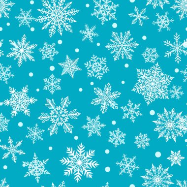 Açık mavi arka planda güzel, kompleks, beyaz kar tanelerinin kusursuz Noel deseni. Yağan karlı kış illüstrasyonu.