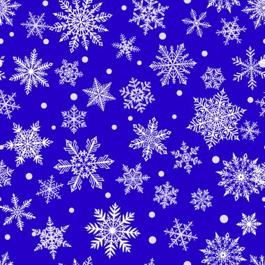 Mavi arka planda güzel beyaz kar tanelerinin kusursuz Noel deseni. Yağan karlı kış illüstrasyonu.