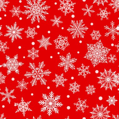 Kırmızı zemin üzerinde beyaz kar taneleri olan kusursuz bir Noel deseni. Yağan karlı kış illüstrasyonu.