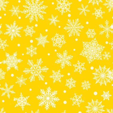 Sarı zemin üzerinde beyaz kar taneleri olan kusursuz bir Noel deseni. Yağan karlı kış illüstrasyonu.
