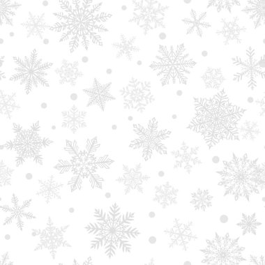 Beyaz arka planda güzel, gri kar tanelerinin kusursuz Noel deseni. Yağan karlı kış illüstrasyonu.