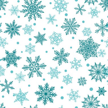 Güzel, açık mavi kar tanelerinin beyaz arka planda kusursuz bir Noel deseni. Yağan karlı kış illüstrasyonu.