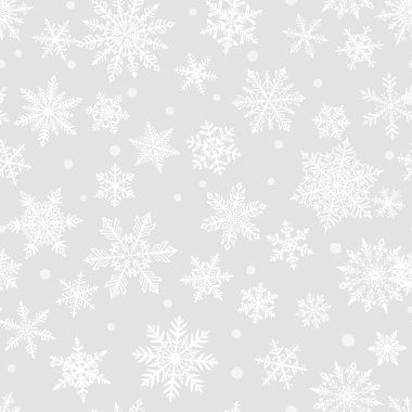 Gri arka planda güzel beyaz kar tanelerinin kusursuz Noel deseni. Yağan karlı kış illüstrasyonu.