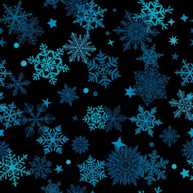 Güzel, karmaşık, siyah arka planda mavi kar tanelerinin kusursuz Noel deseni. Yağan karlı kış illüstrasyonu.