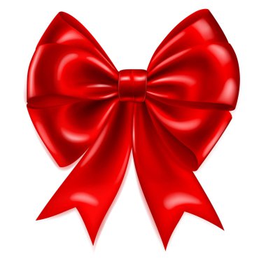 Beyaz arka planda yumuşak gölgesi olan kırmızı kurdeleden yapılmış güzel, parlak bir fiyonk.