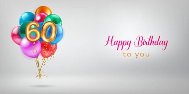 Bir demet renkli helyum balonu, 60 numara şeklinde altın folyo balonları ve beyaz arka planda 