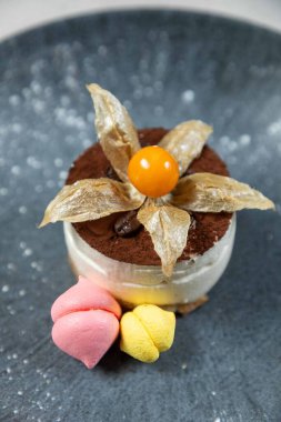 Yuvarlak tiramisu keki üzerine kakao tozu serpilmiş, filozofi ile süslenmiş ve koyu bir tabakta renkli kremalarla servis edilmiş.