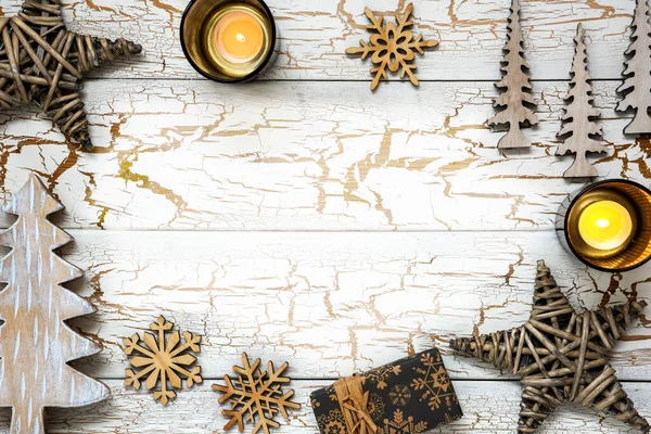 Bílé Dřevěné Retro Vánoční Pozadí Vánoční Ozdobou Jako Svíčka Strom — Stock fotografie