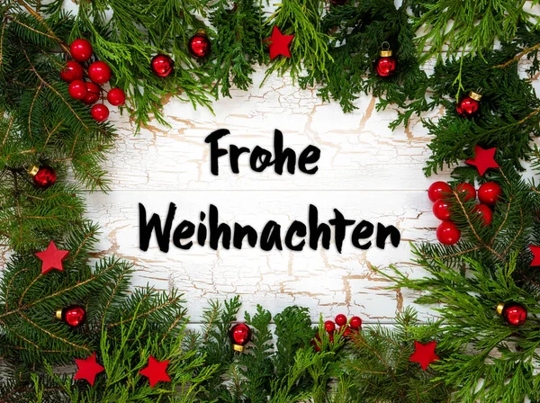 Рождественская Открытка Еловыми Ветвями Немецкий Текст Frohe Weihnachten Означает Счастливого — стоковое фото