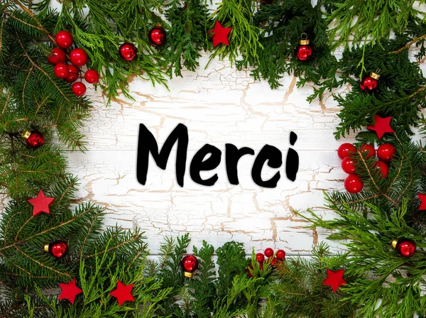 Рождественская Открытка Еловыми Ветвями Французским Текстом Мерси Означает Спасибо Белый — стоковое фото