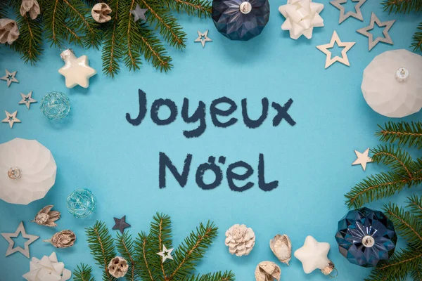 法文版圣诞卡Joyeux Noel意为圣诞快乐 蓝绿色和蓝色背景 装饰华丽 像云杉 球和星星 — 图库照片