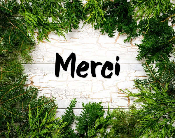 有冷杉分枝的圣诞卡和法文文本Merci的意思是谢谢你 白木背景与古色古香设计 — 图库照片