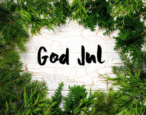 Christmas Card Fir Branches Swedish Text God Jul Means Merry — Stock Photo, Image