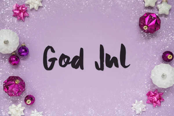 Χριστουγεννιάτικη Κάρτα Σουηδικό Κείμενο Θεός Ιουλ Σημαίνει Καλά Χριστούγεννα Μωβ — Φωτογραφία Αρχείου