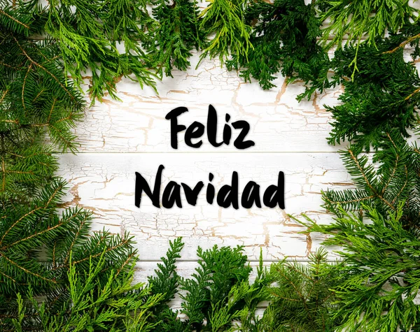 妖精の枝とスペイン語のテキストとクリスマスカード Feliz Navidadはメリークリスマスを意味します ヴィンテージデザインの白木の背景 — ストック写真