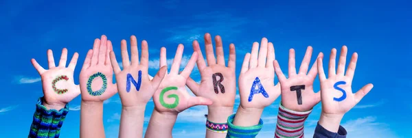 Children Hands Building Colorful English Word Congrats Blue Sky Background — Stock Photo, Image