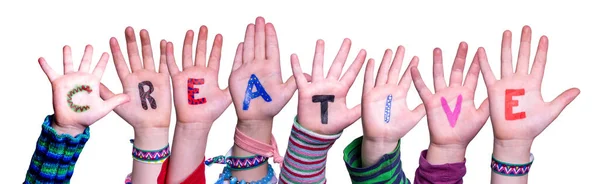 Παιδιά Χέρια Οικοδόμηση Πολύχρωμο Αγγλικό Word Creative Μεμονωμένο Λευκό Φόντο — Φωτογραφία Αρχείου