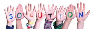 Children Hands Building Colorful English Word Solution. White Isolated Background
