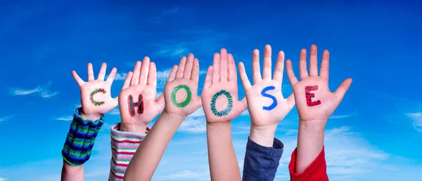 Children Hands Building Colorful English Word Creative Blue Sky Background — Stock Photo, Image