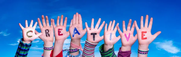 Children Hands Building Colorful English Word Creative Blue Sky Background — Stock Photo, Image