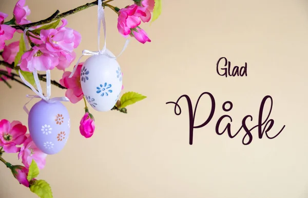 美丽的复活节彩蛋装饰与春天的花朵 瑞典文的 高兴祈祷 就是指复活节快乐 季节性复活节假期贺卡 — 图库照片