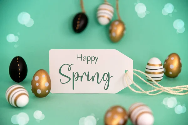 Etiqueta Con Texto Inglés Happy Spring Brillante Dorado Decoración Huevos —  Fotos de Stock